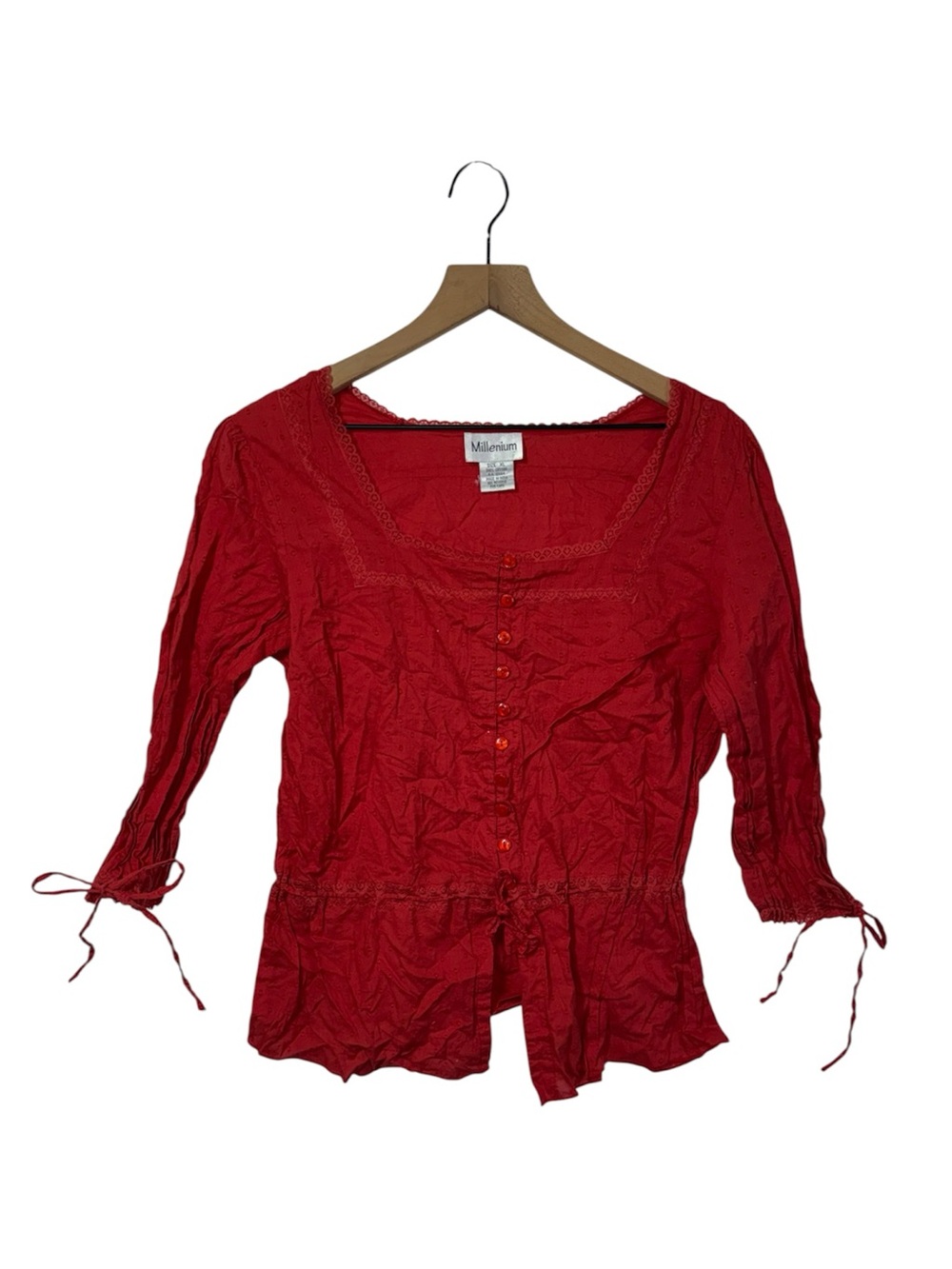 Vtg Y2K Millenium Peasant Blouse Half Sleeve Tie Cuff Cottagecore Cotton Lace